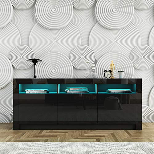 Sideboards for Living Room, Modern Kitchen Cabinet with 2 Doors 3 Drawers, LED Storage Cupboard TV Stand Unit with Led Light, Black, 160 x 35 x 72cm