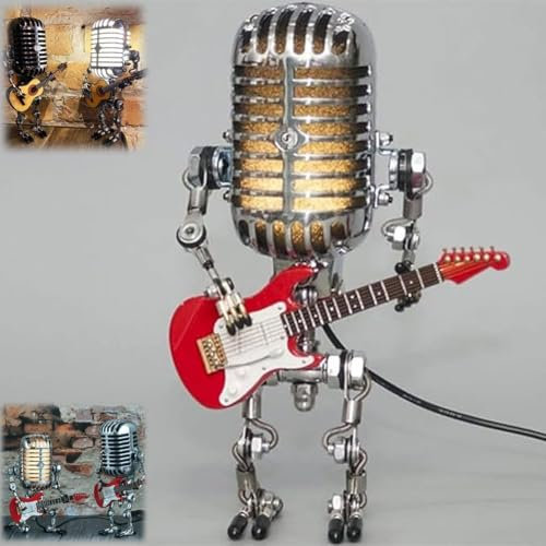 EHOTER Sherum Mic Rockbot, 2024 Vintage Microphone Guitar Robot Lamp, Music Gifts for Men, for Music Lovers, Vintage Light Home Decor Nightstand Desk Lamp for Bedroom, Music Studio (Red)