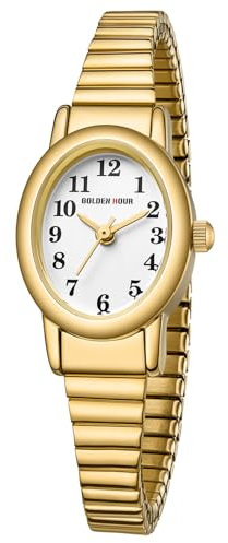 GOLDEN HOUR Kleine Armbanduhr Damen Analog Quarz Leicht Ablesbare Uhr Damen mit Edelstahl-Dehnarmband, Rundes Gehäuse, 12 Stunden Digitale wasserdichte Armbanduhr für Frauen Mädchen