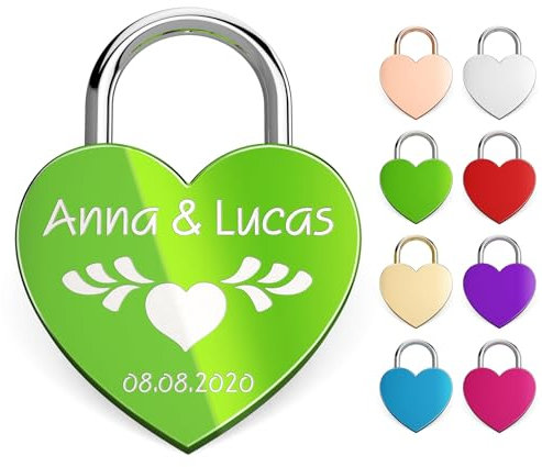Metzler® Herzschloss mit Gravur und Schlüssel in Grün – personalisiert mit Namen und Datum – wetterfestes Liebesschloss aus Metall für Paare und Valentinstag – inklusive Samtbeutel