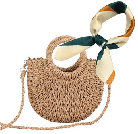 Womens Straw Beach Bag Woven Crossbody Shoulder Bags with Silk Scarf for Summer Beach Purses (Camel)