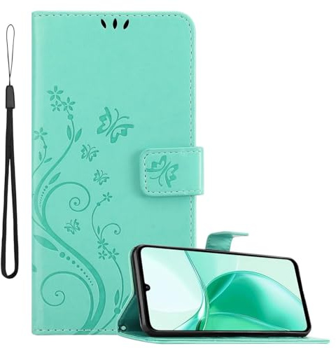 Cadorabo Hülle kompatibel mit ZTE Blade A35 / A55 in FLORAL TÜRKIS - Schutzhülle im Blumen Design mit Magnetverschluss, Standfunktion und Kartenfächern