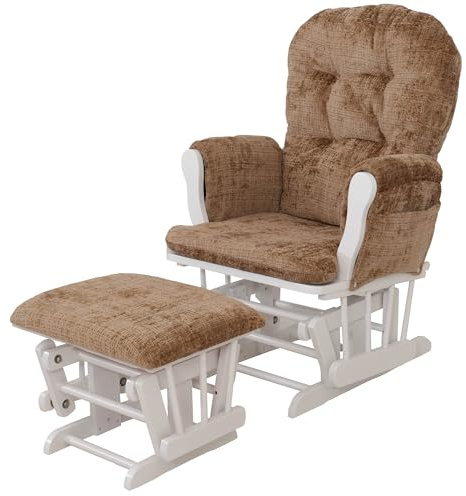 Mendler Relaxsessel HWC-C76, Schaukelstuhl Schwingstuhl mit Hocker Stoff Chenille (465g/m²) Öko-Tex - Hellbraun, Gestell weiß