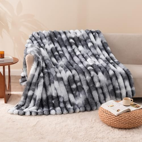 Vamcheer Kuscheldecke für Bett, 150x200 cm Super Soft Dick Wohndecke, Bubble Kaninchen Kunstfell Decke, Plüsch Doppelgesicht, Weich & Warm Überwurf, Tie-dye Grau