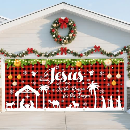 Weihnachtskrippen-Garagentor-Banner, 2,1 x 4,8 m, große Heilige Krippe, Garagen-Banner, für die Jahreszeit, roter Büffelkariert, Garagen-Hintergrund für Heilige Weihnachten, Outdoor-Dekoration