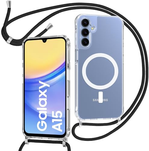 ZYIMOU Coque pour Samsung Galaxy A15 5G / 4G avec Cordon Compatible avec MagSafe, Housse Magnétique Transparente Étui avec Collier Réglable Résistant Silicone Case, Chaîne Noir