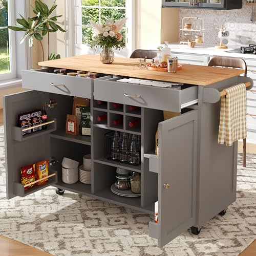 FammyLoft Kücheninsel auf Rollen, Multifunktionaler Kücheninsel mit Speicherraum, Weinregal, Buffetschrank für Küche, Esszimmer, Grau