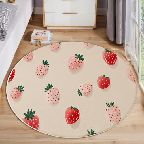JEDTAKCT Süße Aquarell-Erdbeere Teppich, Waschbar 80 cm Runder Teppich Für Schlafzimmer, Obst Poster Kinderteppich, Rutschfester Kreis Weicher Beige Für Schlafsaal Kinderzimmer Sofa