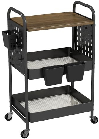 danpinera 3 Tier Rolling Cart, Metal Utility Cart with Wooden Table Top & DIY Pegboard, Rolling Carts, Storage Cart with Hooks & Hanging Cups for Kitchen, Bathroom, Office