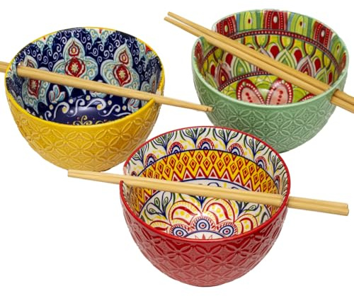 Darthome Set of 3 Tuscany Noodle Bowls with Chopsticks 14x8x14cm Mediterranean Kitchen Tableware