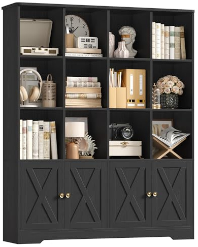 FirFurd 144.8cm Bookcase Black Bookshelf with Doors Cube Storage Shelf Unit