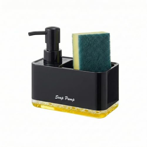Distributeur de savon pour vaisselle avec porte-éponge, distributeur de savon de cuisine compact 2 en 1 pour plan de travail, organisateur d’évier de 500 ml avec base transparente et points