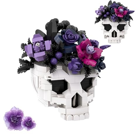Skull Rose Purple Bouquet Building Blocks Set, 516PCS Artificial Flower Botanical Collection Bricks Kit, Gothic Horror Skeleton Plant Pot Model Toys for Home Decor, Ideas Gifts for Teens Adults
