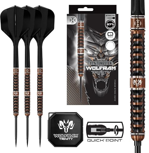 Harrows Wolfram Trinity Dartpfeil-Set, 97% Wolframstahlspitze, CNC-gefräste Premium-Barrels mit bronzefarbener TiN & schwarzer galvanisierter Beschichtung, Solo integrierter Schaft und Flight-System