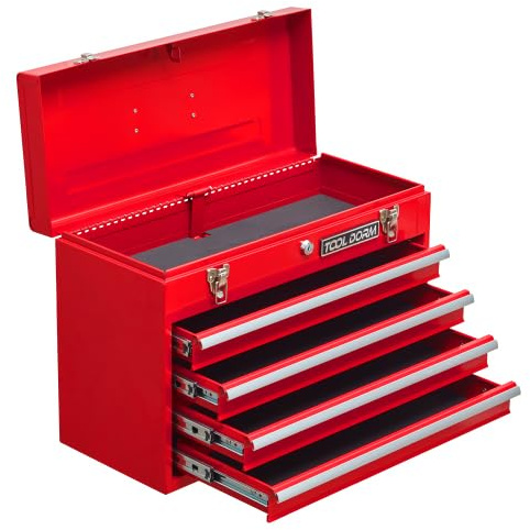 vutizal Werkzeugwagen mit 4 Schubladen, 51 cm Stahl Werkzeugkoffer mit Rollen in Rot – Mobiler Werkzeugschrank mit Eva-Innenfutter, Automatischer Verriegelung für Garage und Werkstatt