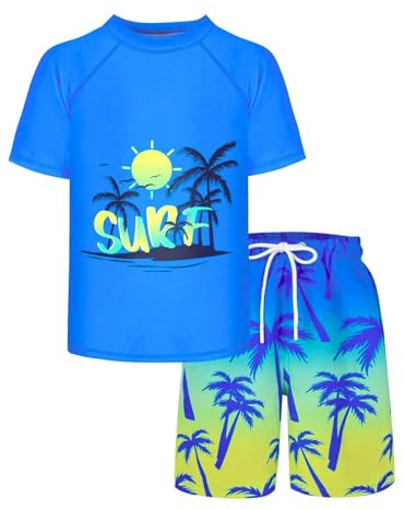 Xumplo Boys Swimming Costume Kid 2-Piece Short Sleeve Rash Guard and Palm Print Shorts Bathing Suit Swimsuit
