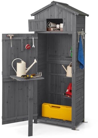GOPLUS Gartenschrank Holz, Gartenhaus Outdoor wetterfest, Geräteschuppen mit Tür, Ablage & 8 Haken, Gerätehaus mit Satteldach, Gartenhütte Gartenschuppen für Garten Terrasse, 70 x 35,5 x 176cm (Grau)