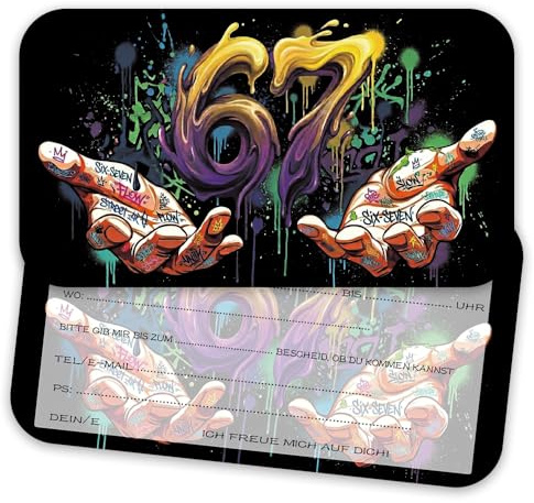 ZELAITE 12er Set Six-Seven Graffiti Einladungskarten mit Umschlägen, Cooles Street-Art Design für Teenager Geburtstag, Hip Hop Party Einladungen (E)