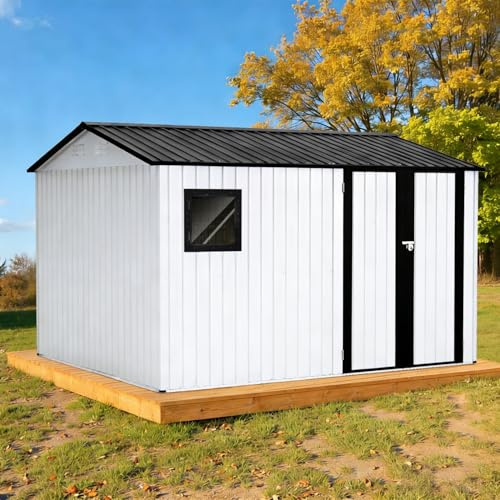 HOMAVO Metall Gartenhaus – Gerätehaus & Geräteschuppen für Gartengeräte, Fahrräder & Möbel – Wetterfest, große Türöffnung (Weiß, 323.2 × 246 × 201.5 cm)