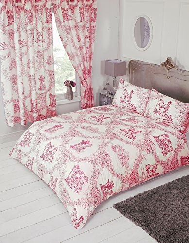 My Home Double Bed Toile De Jouy Red, Duvet/Quilt Cover Bedding Set, Traditional Floral Damask Country Design, Coral Pastel Red