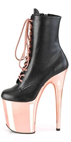 Pleaser Damen FLAMINGO-1020 Plateau High Heels Stiefelette Lederimitat Schwarz/Rose Gold 36 EU