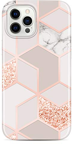 JAHOLAN Bling Glitter Sparkle Marble Design Clear Bumper TPU Soft Rubber Silicone Cover Phone Case for iPhone 12 Pro Max 6.7 inch Rose Gold