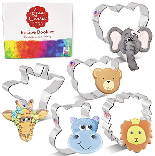 Zoo Faces Cookie Cutters 5-Pc. Set Made in The USA by Ann Clark, Giraffe, Lion, Hippo, Elephant, and Bear Faces