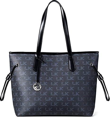 Lekesky Handbag Women Tote Leather Shoulder Bag for Work/School/Date, Black with Blue Letters