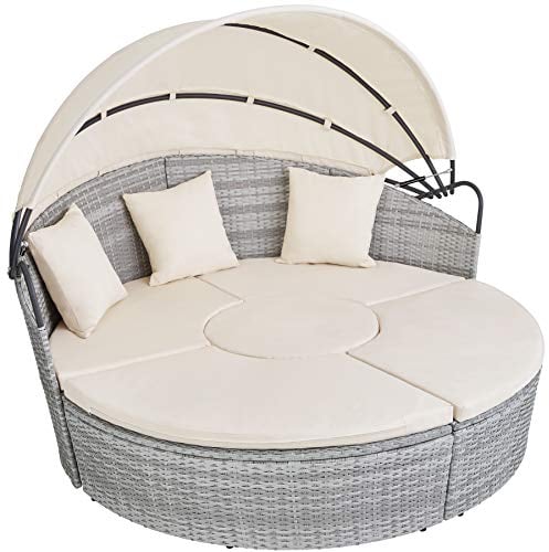 TecTake® Letto Isola Alluminio Rattan, Sdraio Prendisole Giardino, Divano con Tettuccio Parasole Apribile, Divano da Esterno con Imbottitura, Sdraio da Esterno - Grigio Chiaro
