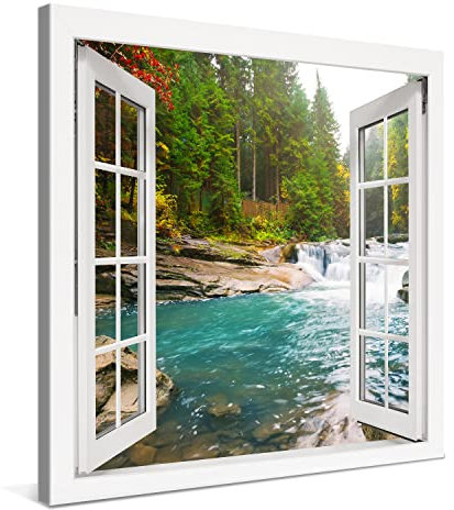 PICANOVA – Leinwandbild Waldfluss Wasserfall Fenster 80x80cm – Premium Leinwanddruck – Wandbild Kunstdruck Auf 2cm Holz-Keilrahmen Für Schlaf- Und Wohnzimmer Wanddekoration – Kollektion Wald