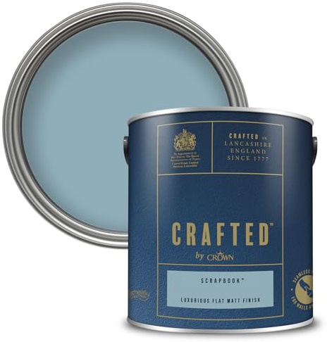 Crown CRAFTED Scrapbook Matt Emulsion Blue Paint 2.5L | Soft Mid Blue velvety flat matt finish for interior walls, ceilings & wood. Soft to touch, hides imperfections, low VOC