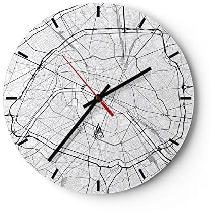 Modern Wanduhr Stadt Karte Paris 30x30cm Rund Klein Wand Uhr Glas Analog Zimmeruhren Küche Büro Wohnzimmer Glasuhr Wall Clock Dekoration Design Wanddekoration Küchenuhr C3AR30x30-4868