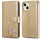 QLTYPRI Wallet Case for iPhone 14, Glitter PU Leather Case TPU Bumper Card Holder Kickstand Wrist Strap Inlaid Heart Diamond Flip Folio Cover for iPhone 14 - Gold