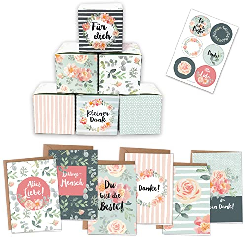 Papierdrachen Muttertagsgeschenk - 6 bedruckte Kisten, 6 Klappkarten mit Umschlägen und 6 Aufkleber zum Muttertag - florale Geschenkverpackung Rosa-mint