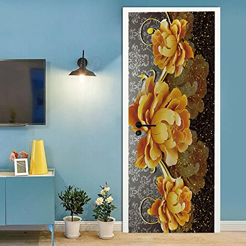 A.Monamour Türtapete Selbstklebend Türfolie Türposter 3D Goldene Blumen Gegen Vintage Blumen Hintergrund Vinyl Folie Türdeko Tapete Wandbild Türaufkleber Türtattoo 95x215cm