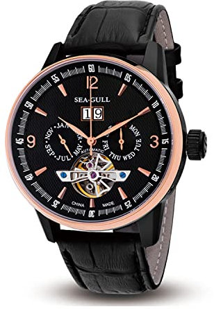 SEA-GULL Seagull Automatische Uhr Skelett Uhren mit Monatskalender, Wochenkalender, Schwungraduhr für Herren, Black Dial/Black Ring