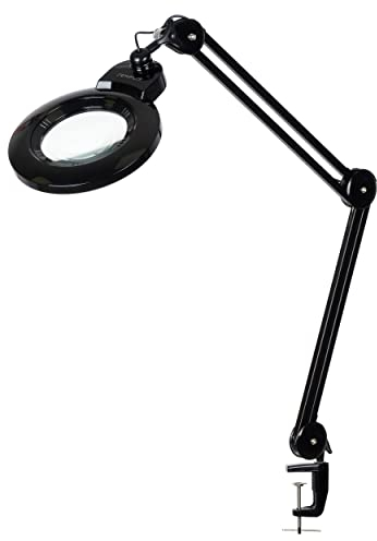 SEMPLIX LED Lupen-Tischleuchte Tischklemme und Höhenverstellbarem Schwenkarm (60 LEDs, Linse 127mm, 4fach dimmbar) (schwarz)