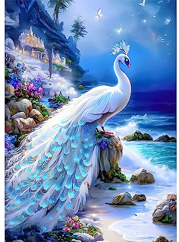 NAIMOER Weißer Pfau Diamond Painting Kits für Erwachsene Kinder, 5D Diamant Painting Bilder Landschaft Erwachsene, DIY 5D Diamond Painting Blume Diamant Malerei Set für Home Dekor 30x40cm