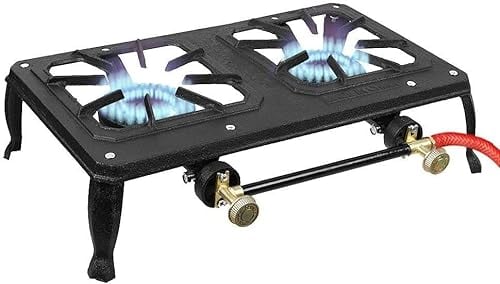 Fornello a gas a 2 fuochi, per cucinare all'aperto, fornello da campeggio portatile con griglia in ghisa, perfetto per barbecue, patio e cortile