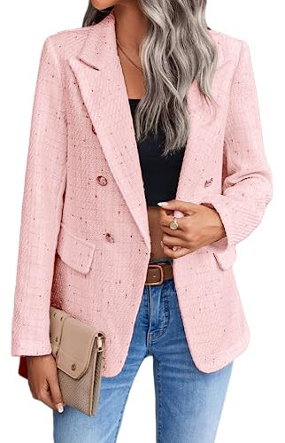 2025 Damen Winter Tweed Blazer Jacke Plaid Voll Gefüttert Warm Mode Business Casual Elegant Plaid Mantel mit Taschen, 1 Tweed/Pink, M