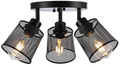 Newrays Lámpara de techo industrial de malla metálica de hierro vintage con 3 luces, lámpara de techo empotrada negra para pasillo, cocina, dormitorio, oficina