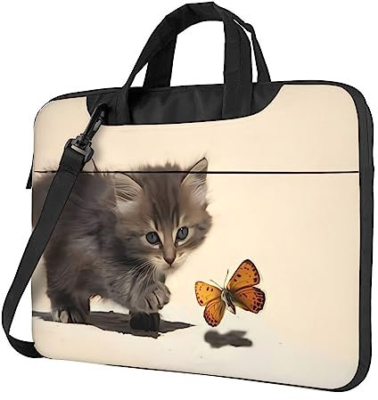OrcoW Katze Und Schmetterling Print Laptop Tasche Schulter Messenger Bag Wasserdichte Laptop Fall Aktentasche Mit Griff Für 13 14 15,6 Zoll, Schwarz , 14 inch