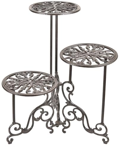 Sungmor Supporto per piante in ghisa resistente, scaffale pieghevole in metallo a 3 ripiani, altezza 61 cm, supporto per vasi da fiori vintage per interni ed esterni, espositore rustico per piante per