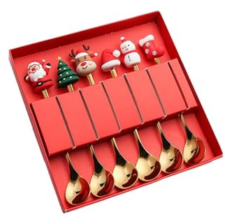 Tuelaly Set di posate in acciaio inox 6 pz/set di cucchiai natalizi con confezione regalo per uso alimentare con ciondolo natalizio topper con manico lungo utensili rosso A