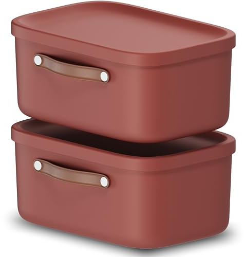 Rotho Maloja 2er-Set Aufbewahrungsbox mit Deckel klein 12l | Elegante Box mit Griff | sicher verschließbar | stapelbar & modular | pflegeleicht | rot