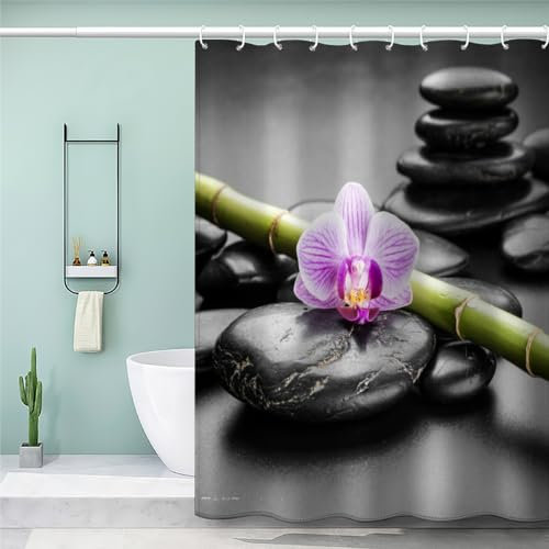 MEVASA Duschvorhang 180x200 Zen-Stein Orchidee Duschvorhang mit 12 Ring 3D Motiv Wasserdicht Duschvorhang Textil Grau Badezimmer Vorhänge Hohe Qualität