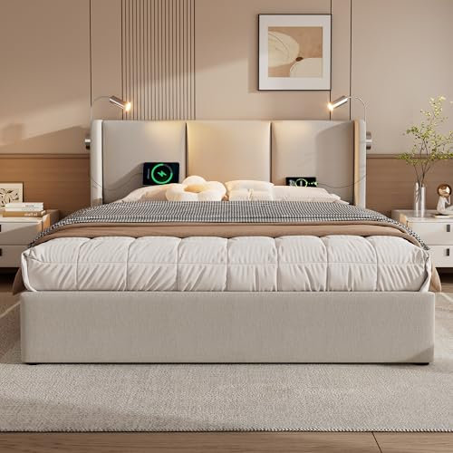 Cama de 160 x 200 cm con lámpara de lectura y USB, cama tapizada de 160 x 200 cm con espacio de almacenamiento y cabecero, cama doble con cajón y función de carga y somier, cama de almacenamiento,