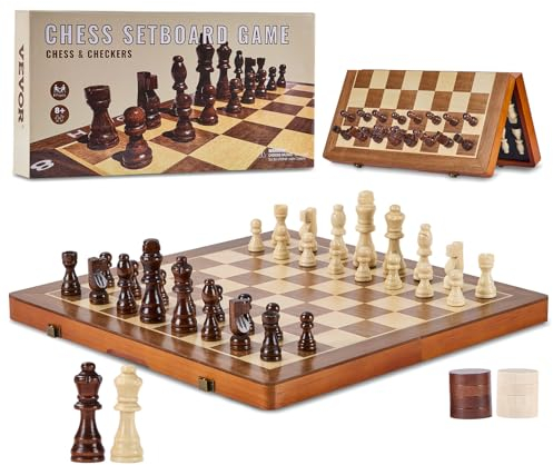 VEVOR Magnetic Wooden Chess Set, 15 inch 2-IN-1 Chess Checkers Game Set, Folding Chess Board Games for Adults Kids, 2 Queens Portable Travel Gift Chess Set for Tournament Professional Beginner