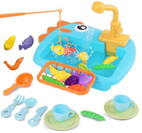 Lavabo Enfant Montessori avec Eau Apprentissage Autonomie Fonctionnel Exterieur Fermé Salle de Bain Evier avec Circuit Pompe Robinet Jouet Cuisine Legumes Bebe 1 an Fille Garcon 2 Ans Bleu
