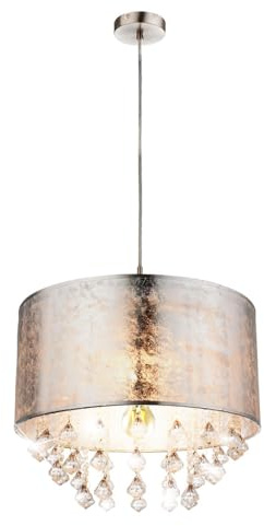 LED Hängeleuchte Textilschirm Pendelleuchte Kristalle silber Hängelampe Esstischleuchte Stoff, Nickel matt, klar, 7W 630 lm warmweiß, DxH 40x140 cm